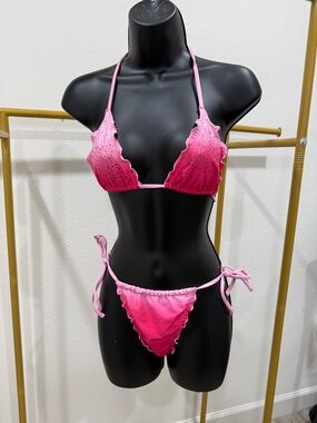 Pink Ombre Rhinestone Bikini Set Size S Ruffle String Tie Swim